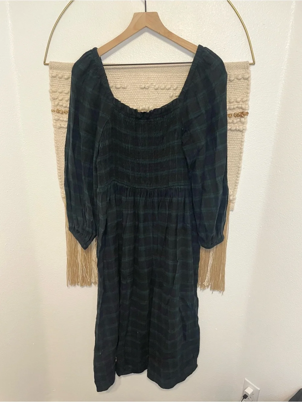 J. Crew Smocked Tartan Plaid Midi Dress Black Green Fall Prairie L 100% Cotton